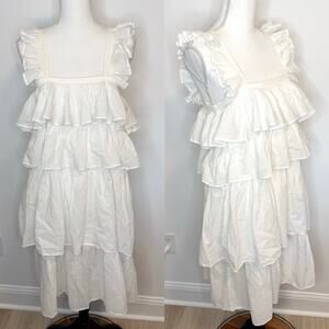 Wiggy Kit Tiered Ruffle Cotton Square Neck Sleeveless Midi Dress White Small